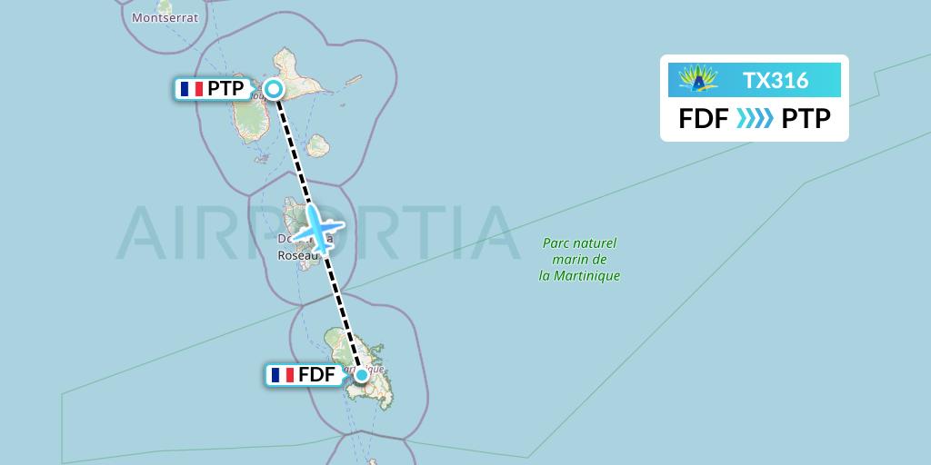 TX316 Air Caraibes Flight Map: Fort-de-France to Pointe-a-Pitre