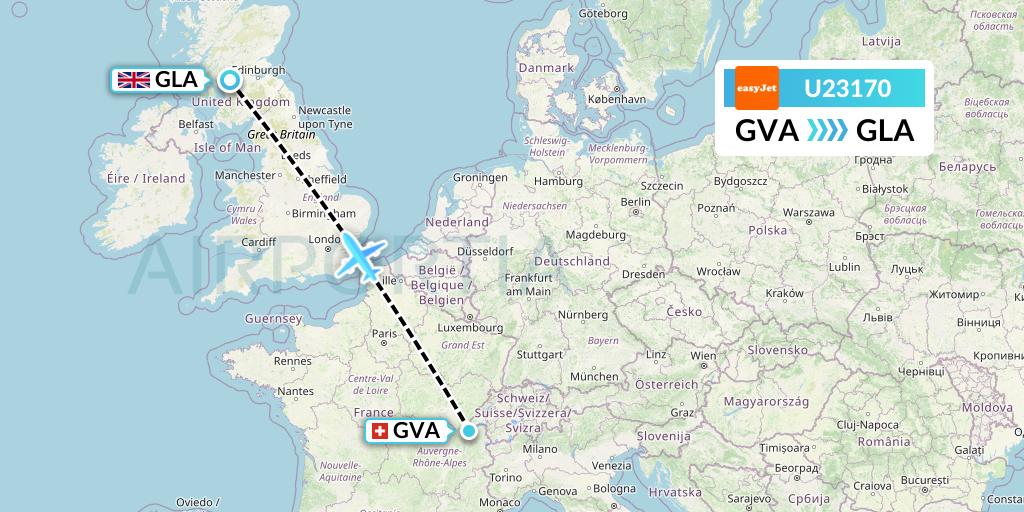 U23170 EasyJet Flight Map: Geneva to Glasgow