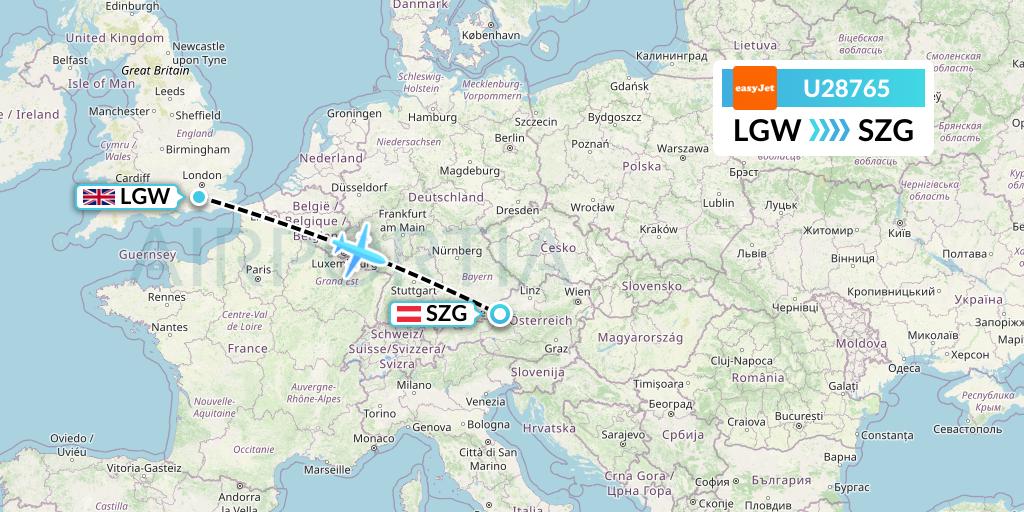 U28765 EasyJet Flight Map: London to Salzburg