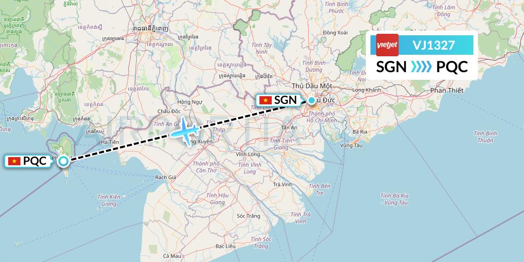 VJ1327 VietJet Air Flight Map: Ho Chi Minh City to Phu Quoc