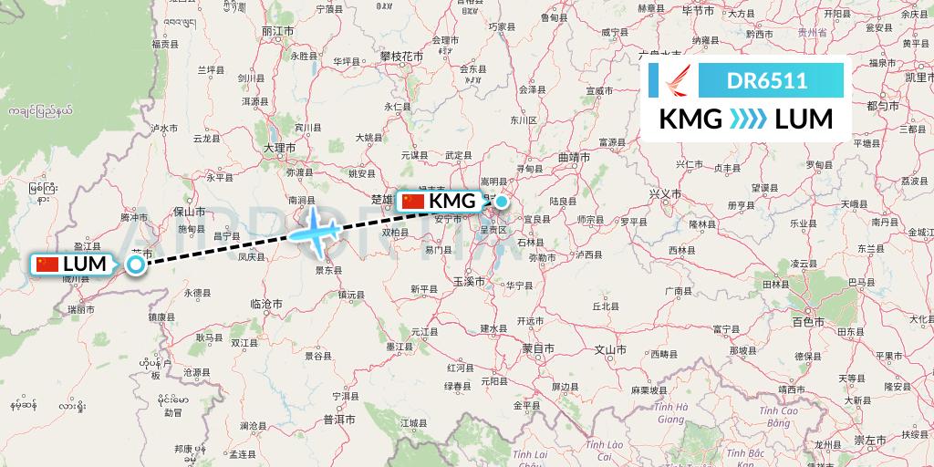 DR6511 Ruili Airlines Flight Map: Kunming to Mangshi