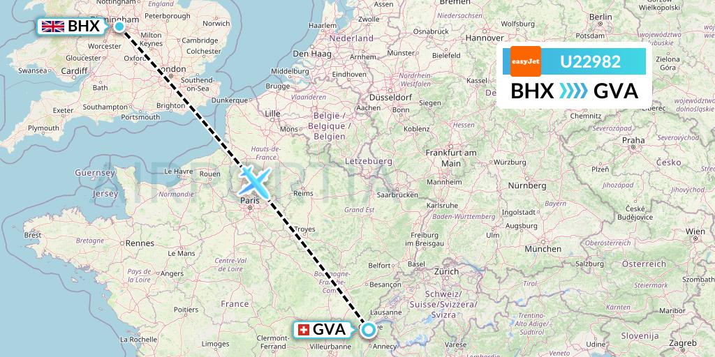 U22982 EasyJet Flight Map: Birmingham to Geneva