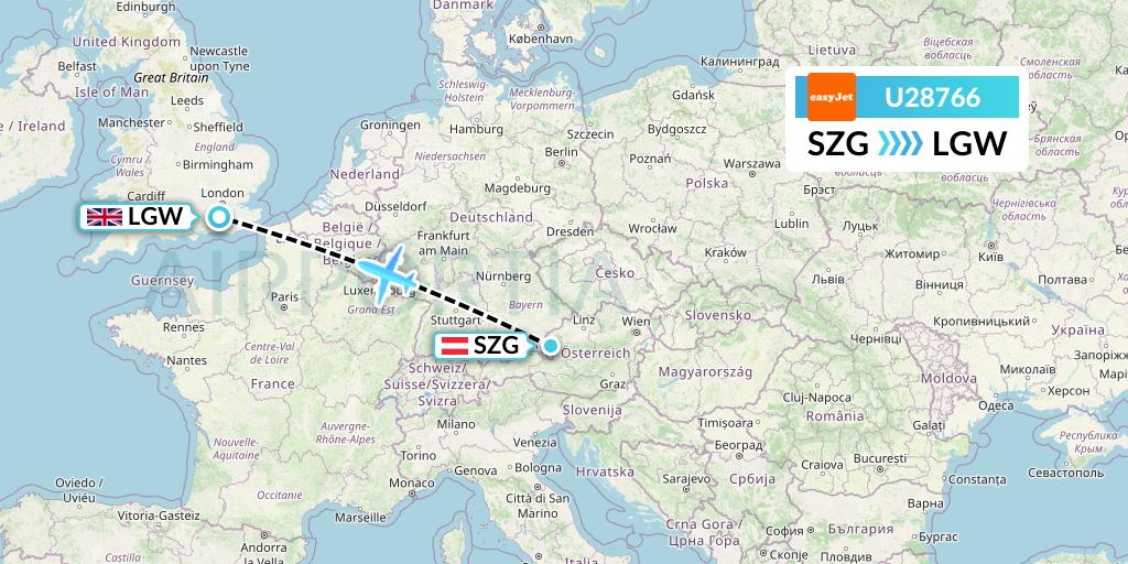U28766 EasyJet Flight Map: Salzburg to London