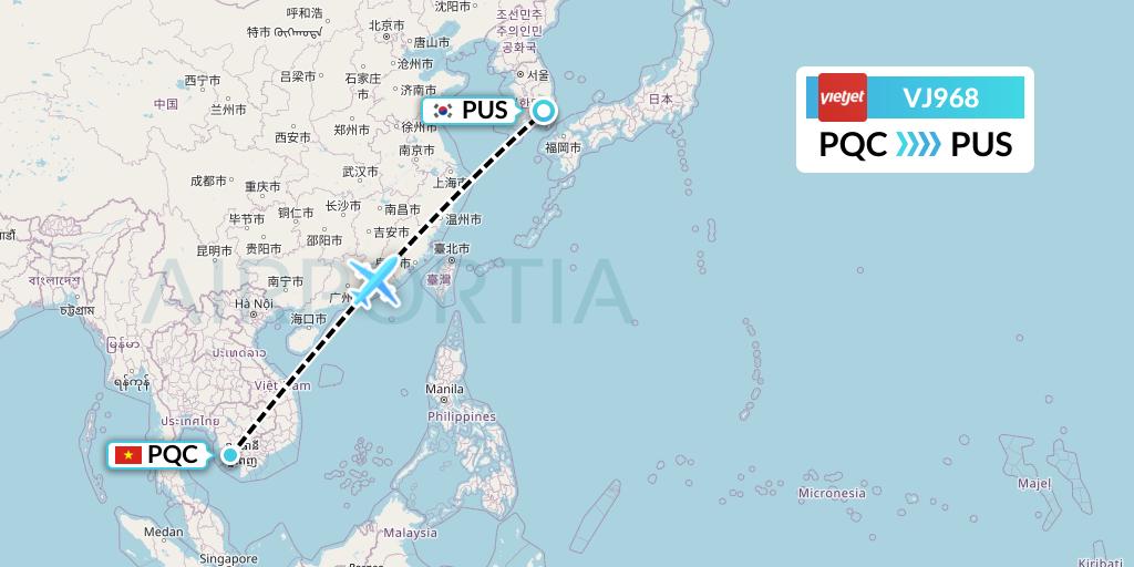 VJ968 VietJet Air Flight Map: Phu Quoc to Busan