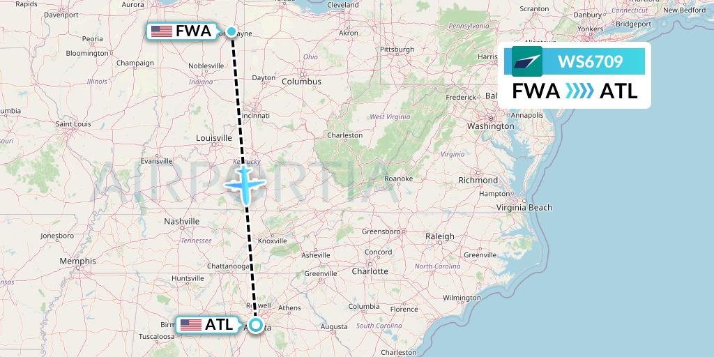 WS6709 WestJet Flight Map: Fort Wayne to Atlanta
