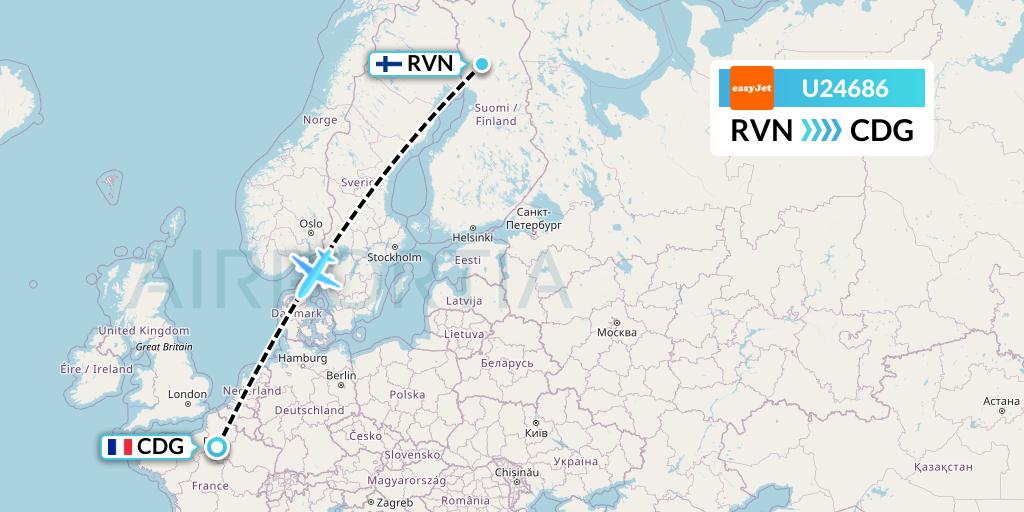 U24686 EasyJet Flight Map: Rovaniemi to Paris