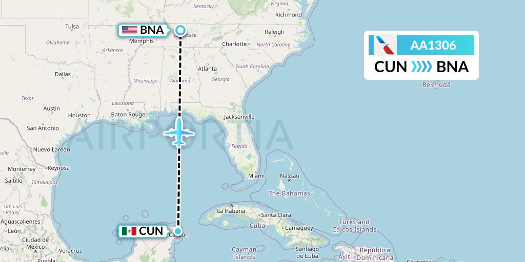 AA1306 American Airlines Flight Map: Cancun to Nashville