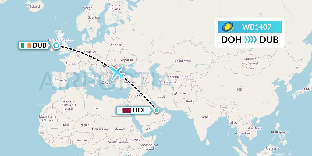 WB1407 RwandAir Flight Map: Doha to Dublin
