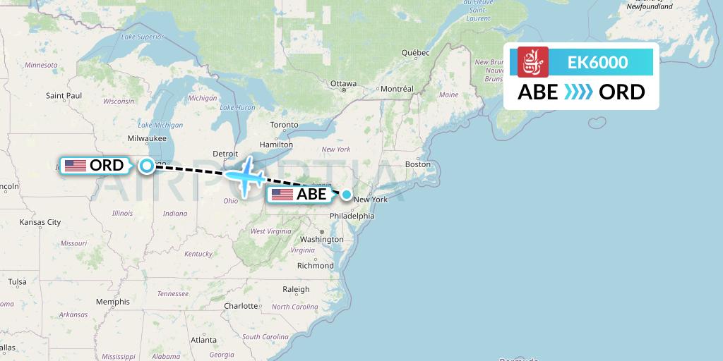 EK6000 Emirates Flight Map: Allentown to Chicago