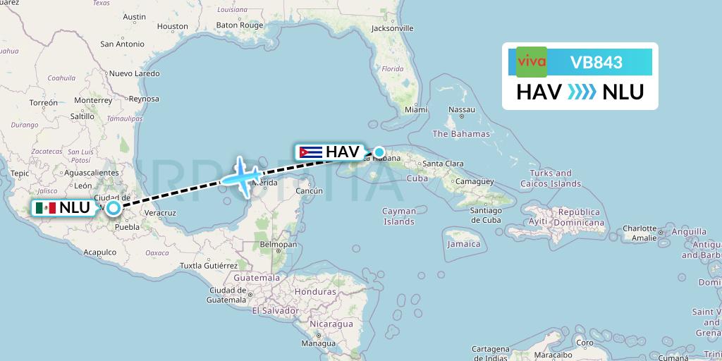 VB843 VivaAerobus Flight Map: Havana to Reyes Acozac