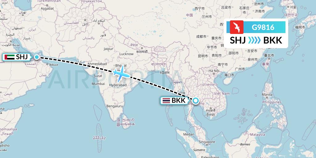 G9816 Air Arabia Flight Map: Sharjah to Bangkok