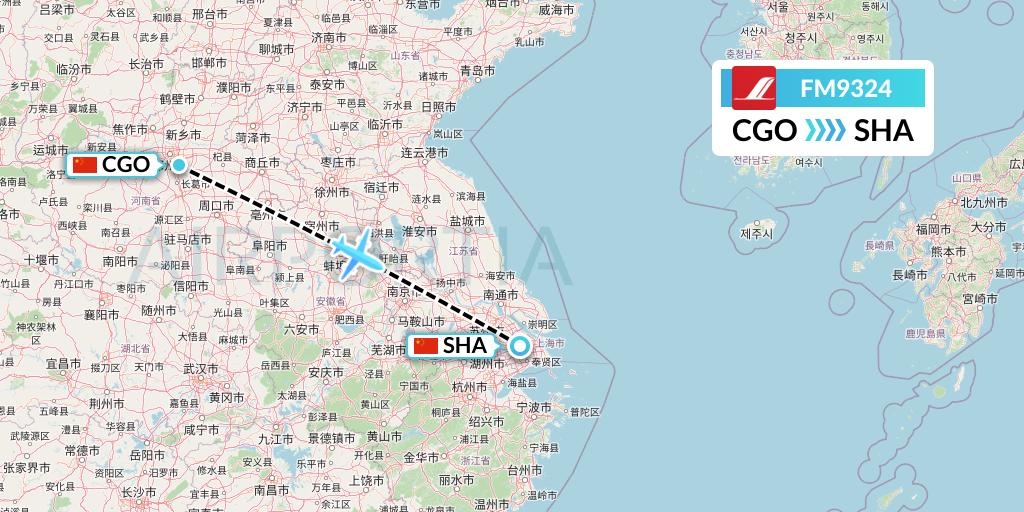 FM9324 Shanghai Airlines Flight Map: Zhengzhou to Shanghai