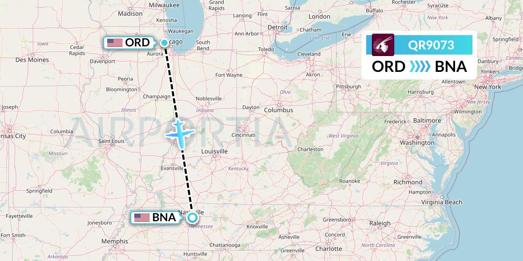 QR9073 Qatar Airways Flight Map: Chicago to Nashville
