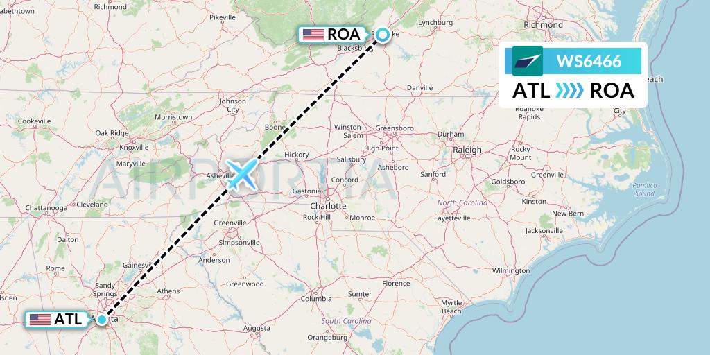 WS6466 WestJet Flight Map: Atlanta to Roanoke