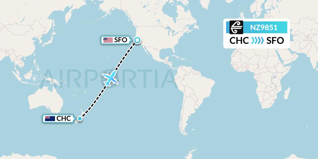 NZ9851 Air New Zealand Flight Map: Christchurch to San Francisco