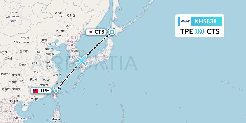 NH5838 All Nippon Airways Flight Map: Taipei to Sapporo