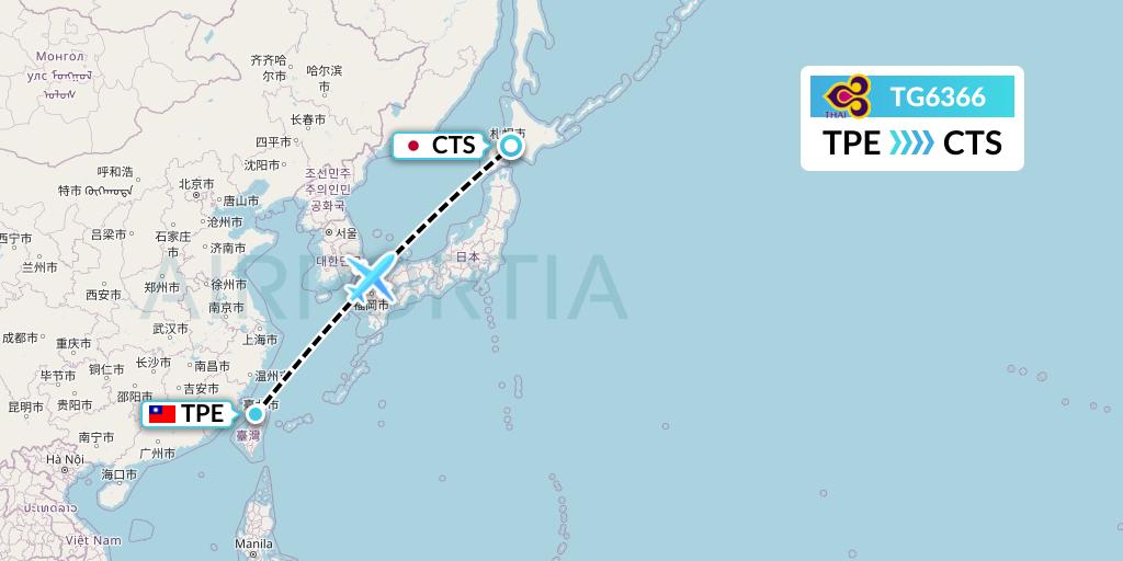 TG6366 Thai Airways Flight Map: Taipei to Sapporo