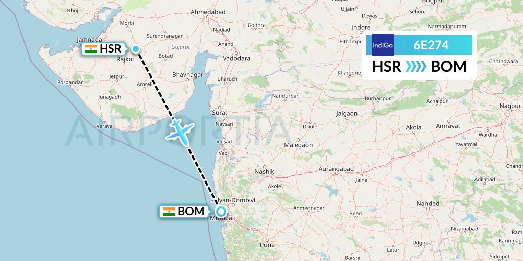 6E274 IndiGo Airlines Flight Map: Rajkot to Mumbai
