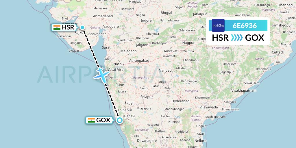 6E6936 IndiGo Airlines Flight Map: Rajkot to Goa