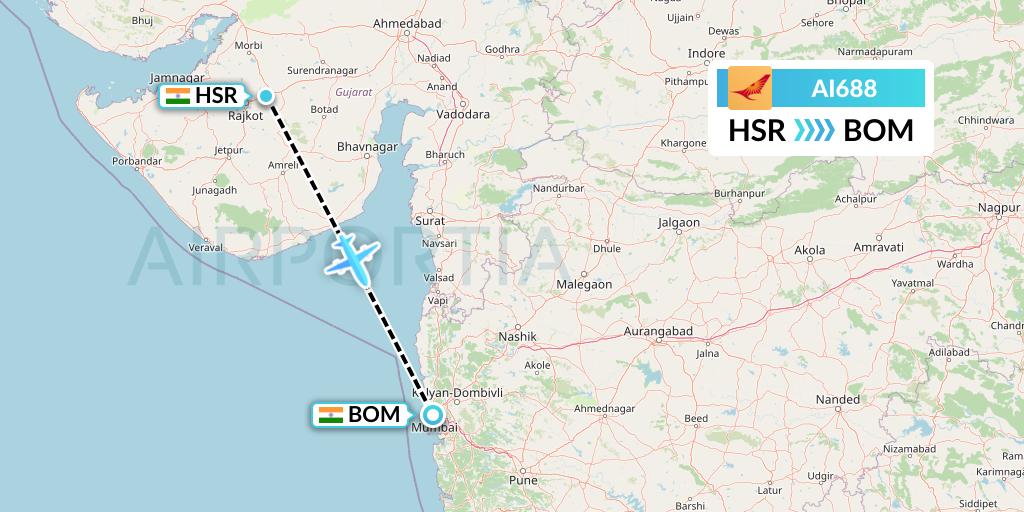 AI688 Air India Flight Map: Rajkot to Mumbai