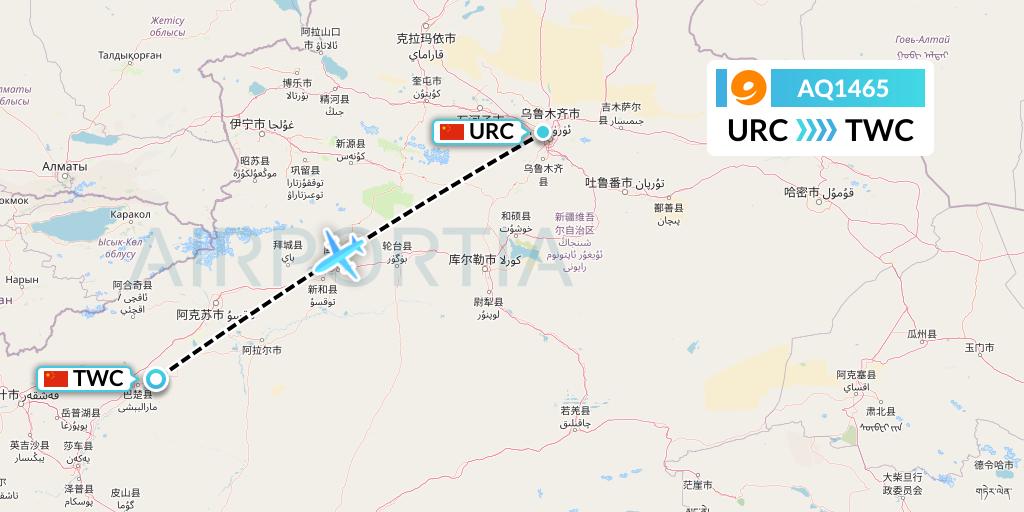 AQ1465 9 Air Flight Map: Urumqi to Kashgar
