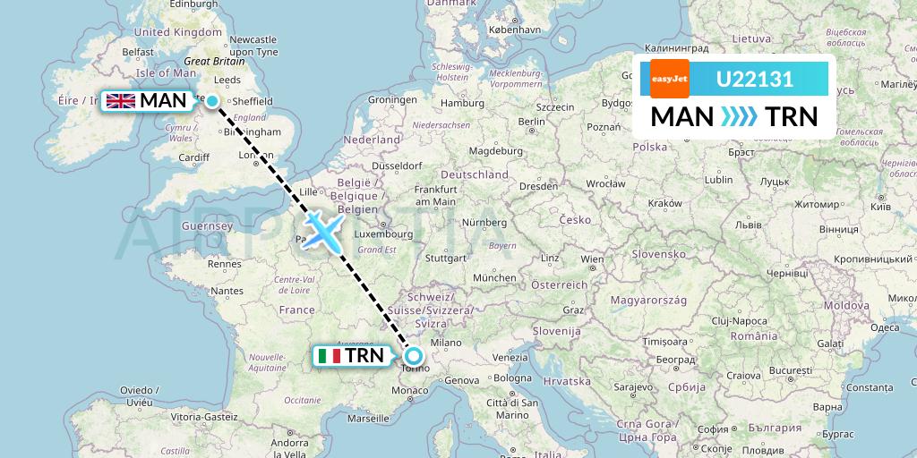 U22131 EasyJet Flight Map: Manchester to Turin