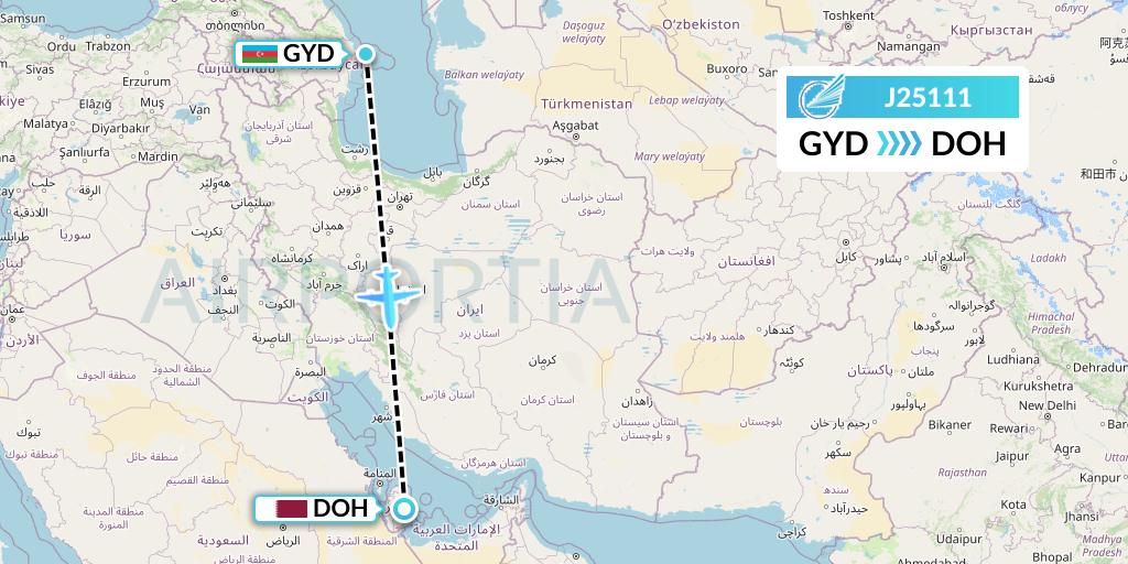 J25111 Azerbaijan Airlines Flight Map: Baku to Doha