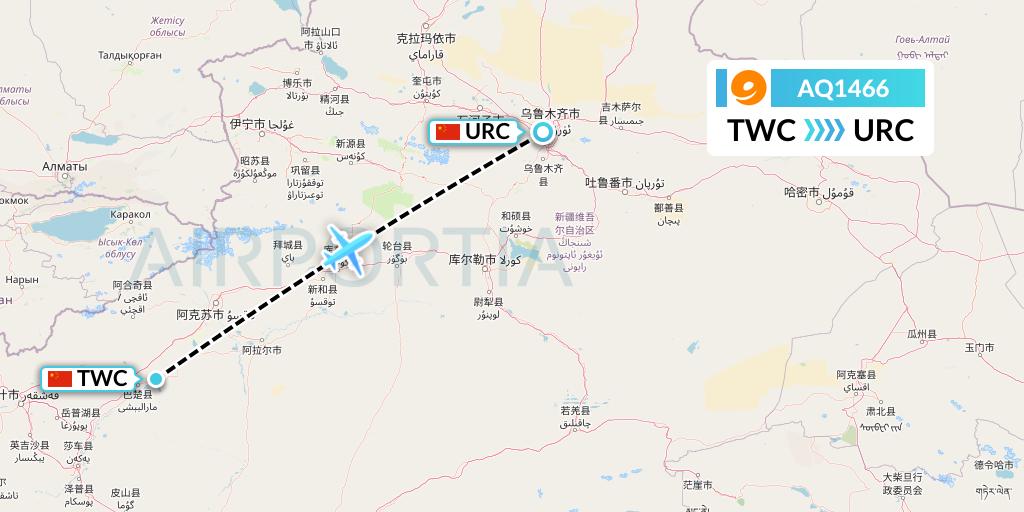 AQ1466 9 Air Flight Map: Kashgar to Urumqi