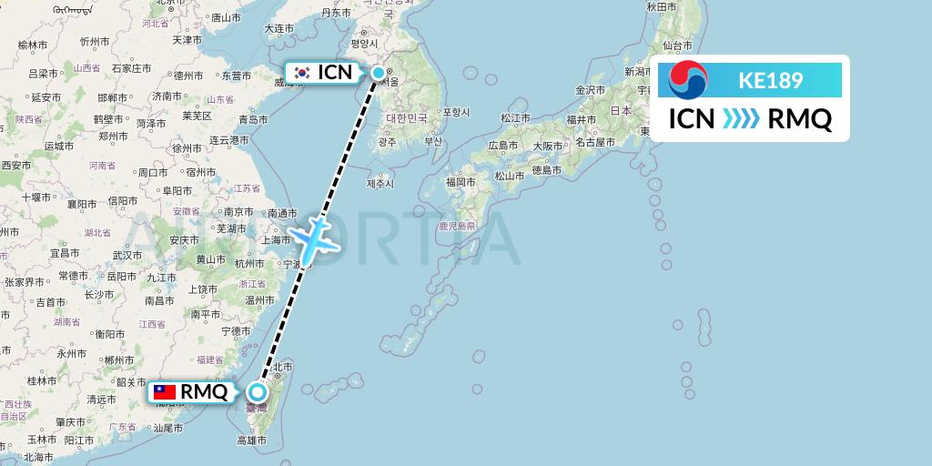 KE189 Korean Air Flight Map: Seoul to Taichung