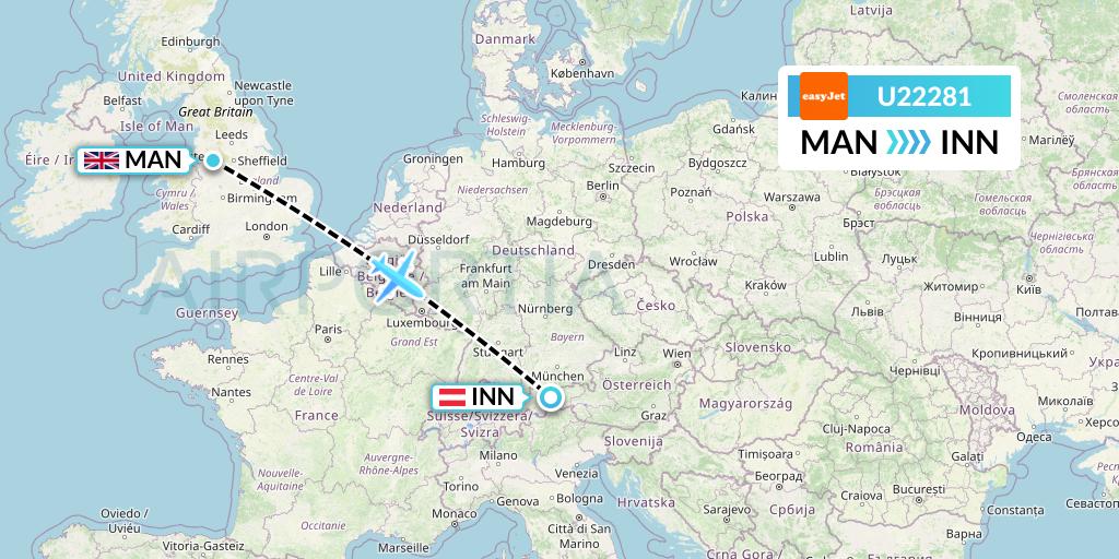 U22281 EasyJet Flight Map: Manchester to Innsbruck