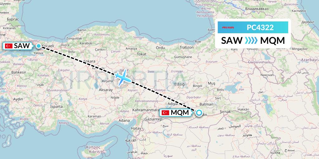 PC4322 Pegasus Airlines Flight Map: Istanbul to Mardin
