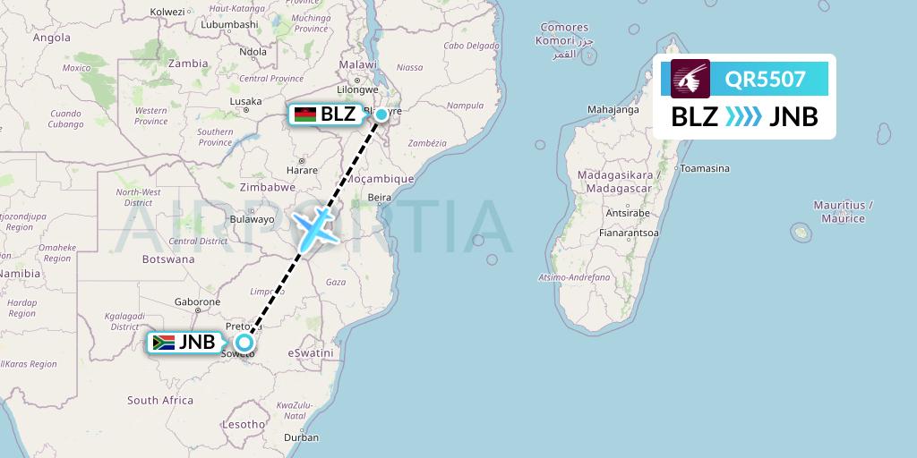 QR5507 Qatar Airways Flight Map: Blantyre to Johannesburg