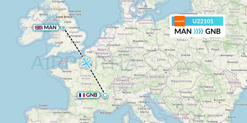 U22101 EasyJet Flight Map: Manchester to Grenoble