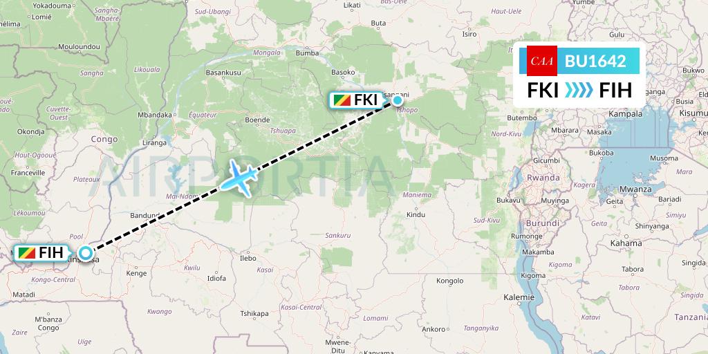BU1642 flyCAA Flight Map: Kisangani to Kinshasa