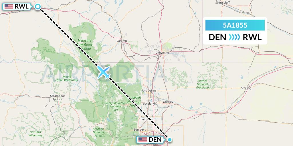5A1855 Alpine Air Express Flight Map: Denver to Rawlins