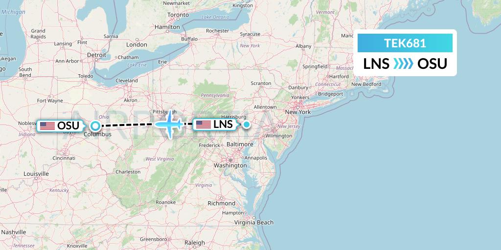 TEK681 Aero-tech Services Flight Map: Lancaster to Columbus