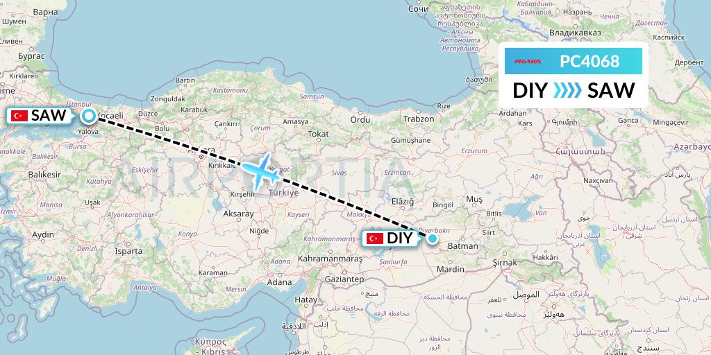 PC4068 Pegasus Airlines Flight Map: Diyarbakir to Istanbul