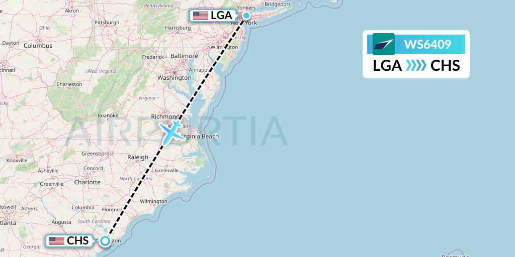 WS6409 WestJet Flight Map: New York to Charleston