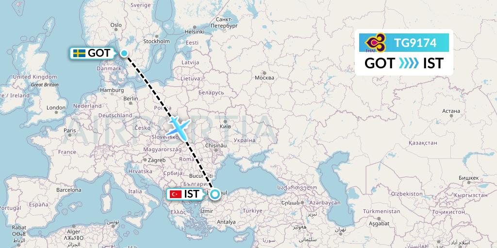 TG9174 Thai Airways Flight Map: Gothenburg to Istanbul