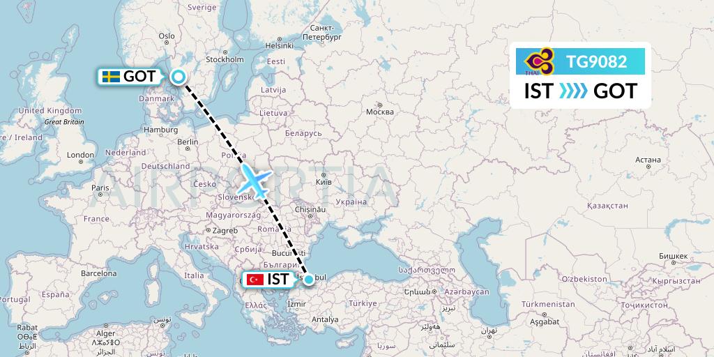 TG9082 Thai Airways Flight Map: Istanbul to Gothenburg