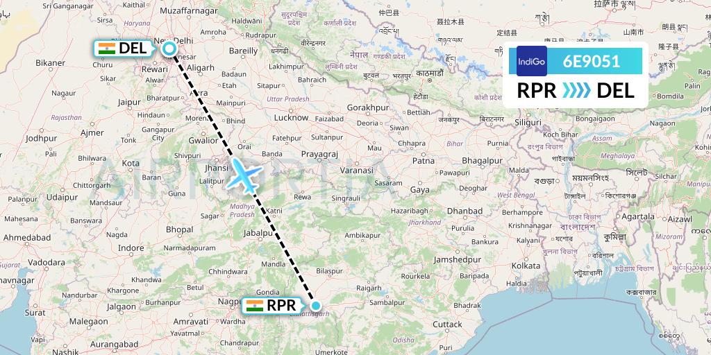 6E9051 IndiGo Airlines Flight Map: Raipur to Delhi