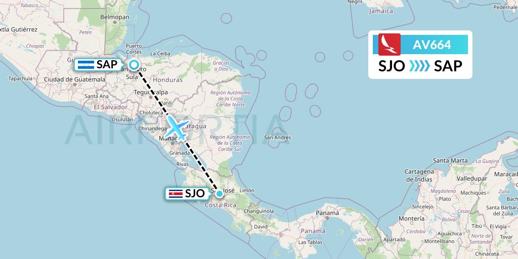 AV664 Avianca Flight Map: San Jose to San Pedro Sula