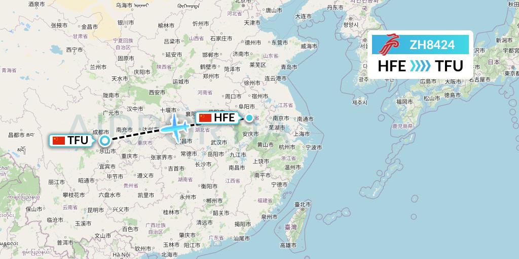 ZH8424 Shenzhen Airlines Flight Map: Hefei to Chengdu
