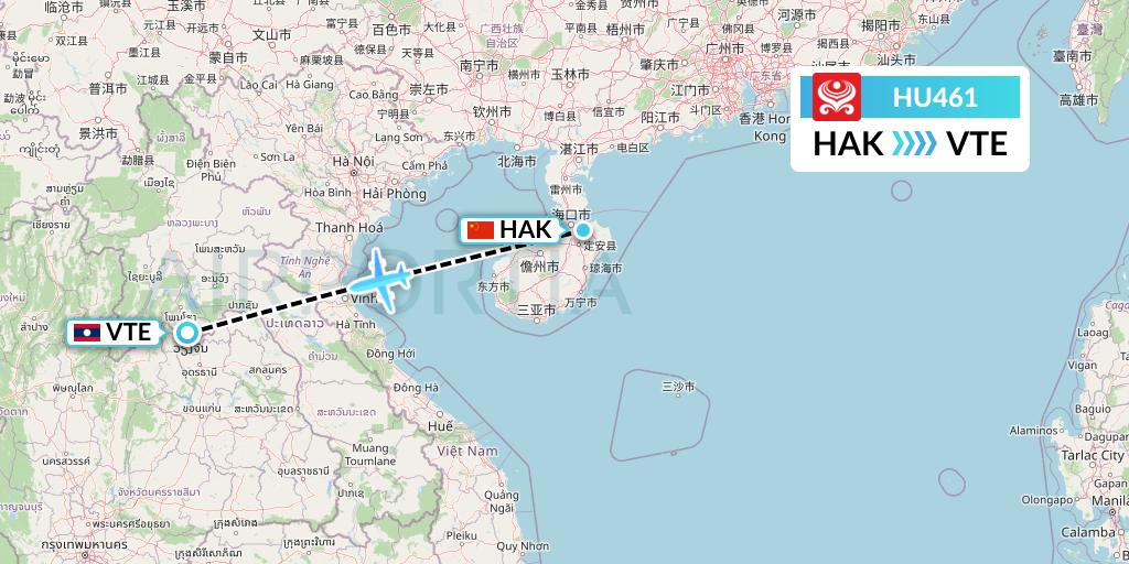 HU461 Hainan Airlines Flight Map: Haikou to Vientiane