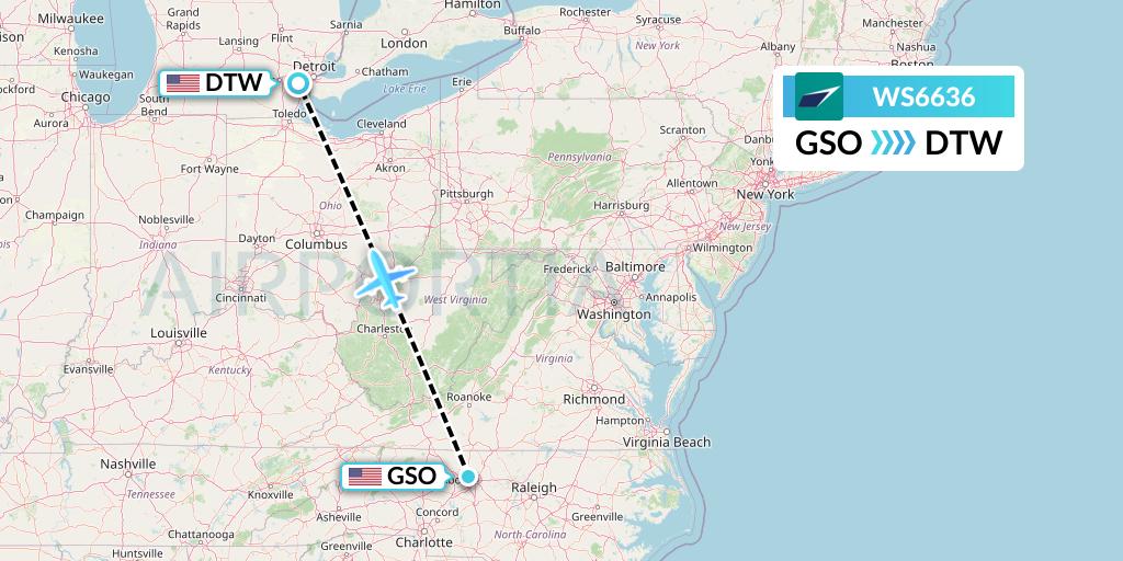 WS6636 WestJet Flight Map: Greensboro to Detroit