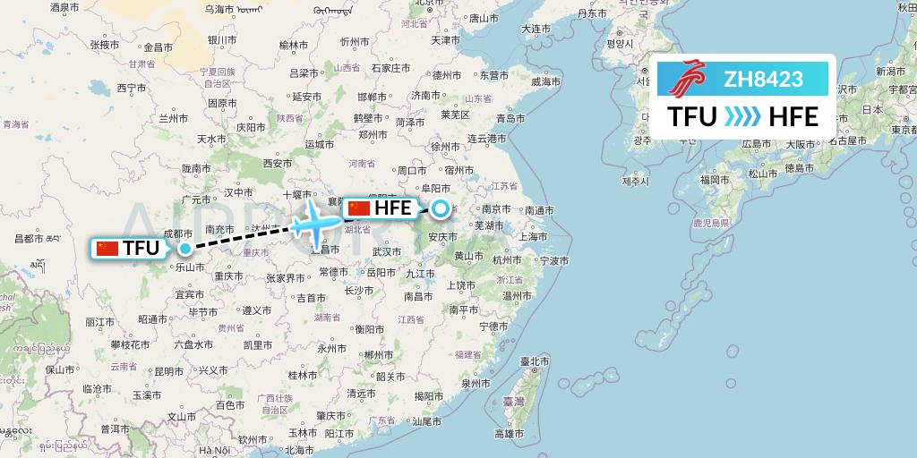 ZH8423 Shenzhen Airlines Flight Map: Chengdu to Hefei