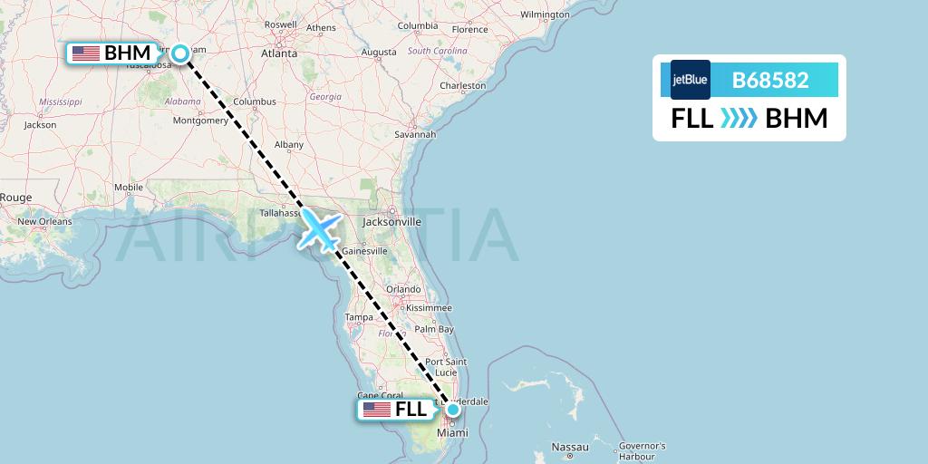 B68582 JetBlue Airways Flight Map: Fort Lauderdale to Birmingham