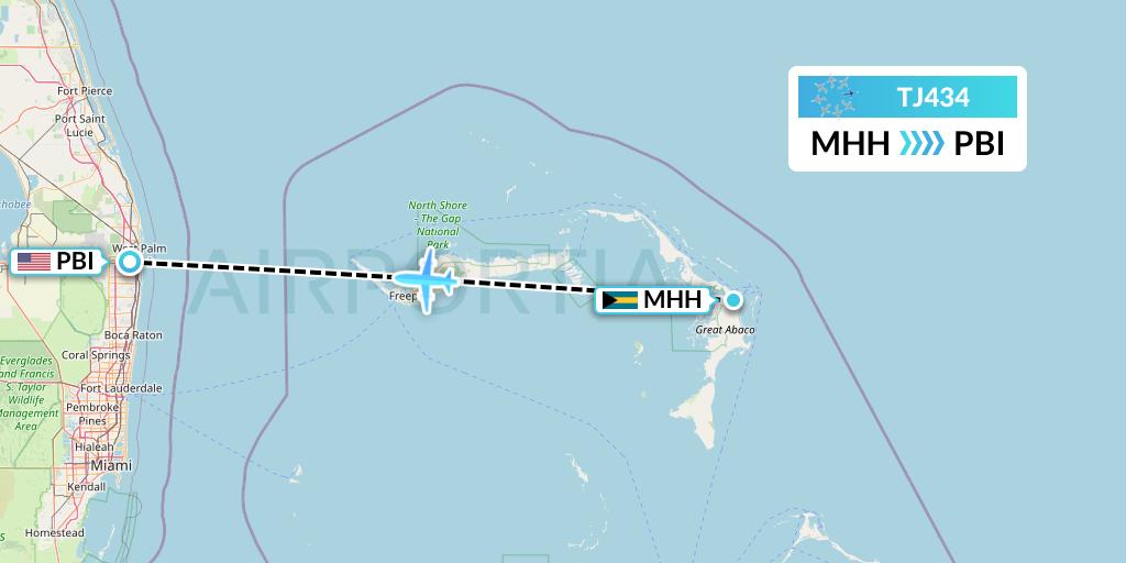 TJ434 Tradewind Aviation Flight Map: Marsh Harbour to West Palm Beach