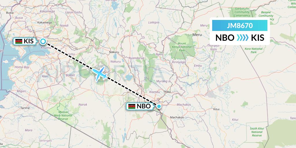 JM8670 Jambojet Limited Flight Map: Nairobi to Kisumu