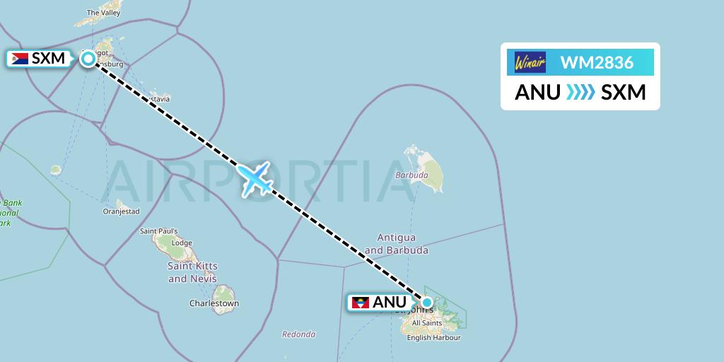 WM2836 Winair Flight Map: Antigua to Sint Maarten